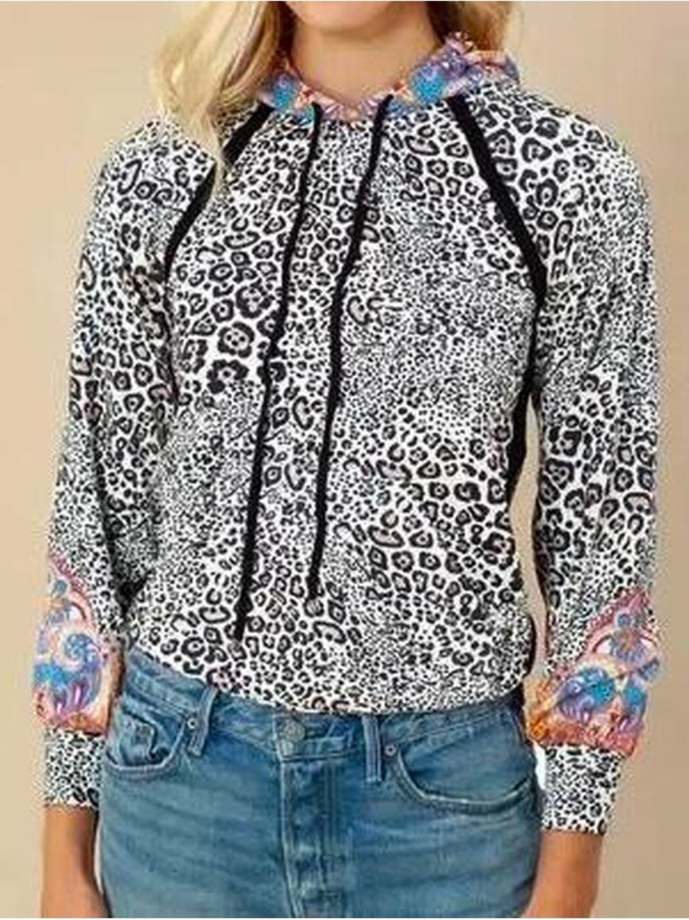 Hale Bob Black & White Leopard Hoodie with Multicolor Trim